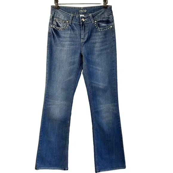 Cache Bootcut Jeans Women’s Blue Denim Stretch Rhinestones Embroidered Sz 2 - Picture 3 of 16